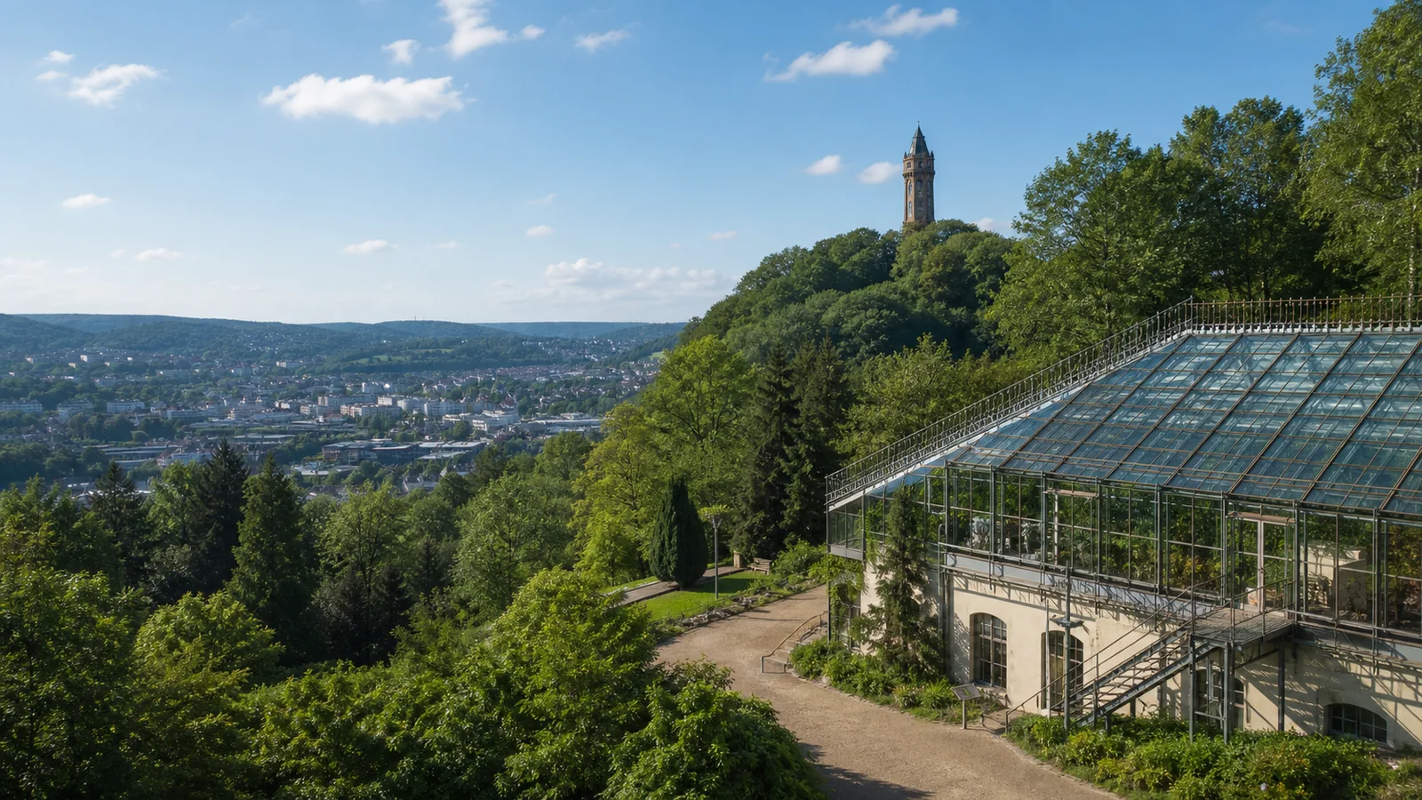 Botanischer Garten auf der Hardt mit Gewaechshaus, Aussicht ueber Wuppertal und Elisenturm