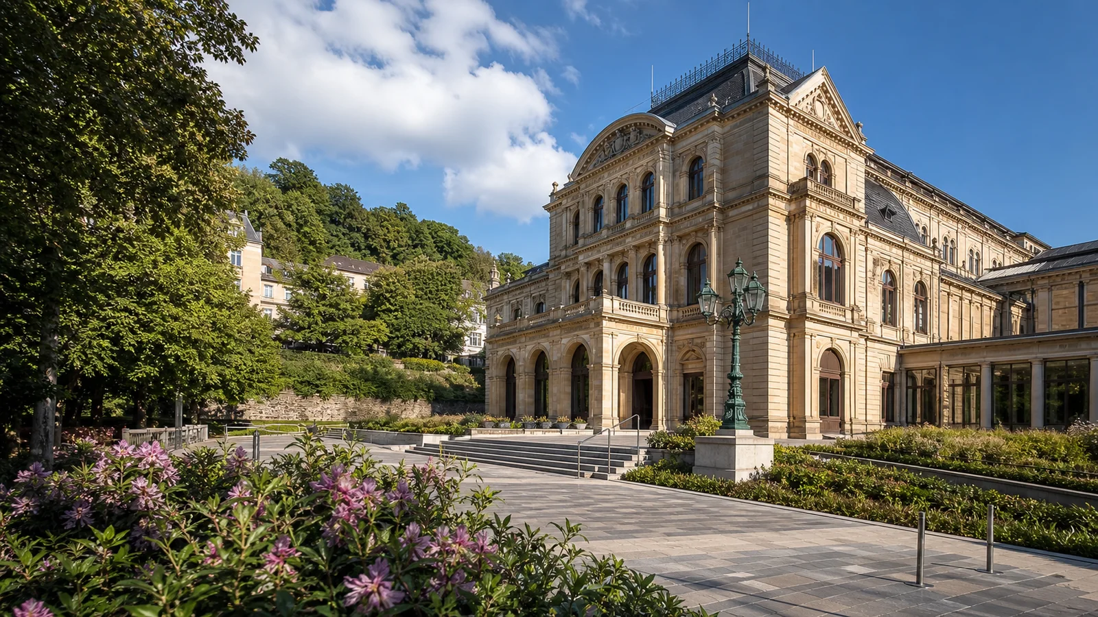Praechtige Fassade der Historischen Stadthalle Wuppertal am Johannisberg mit Gruenflaechen