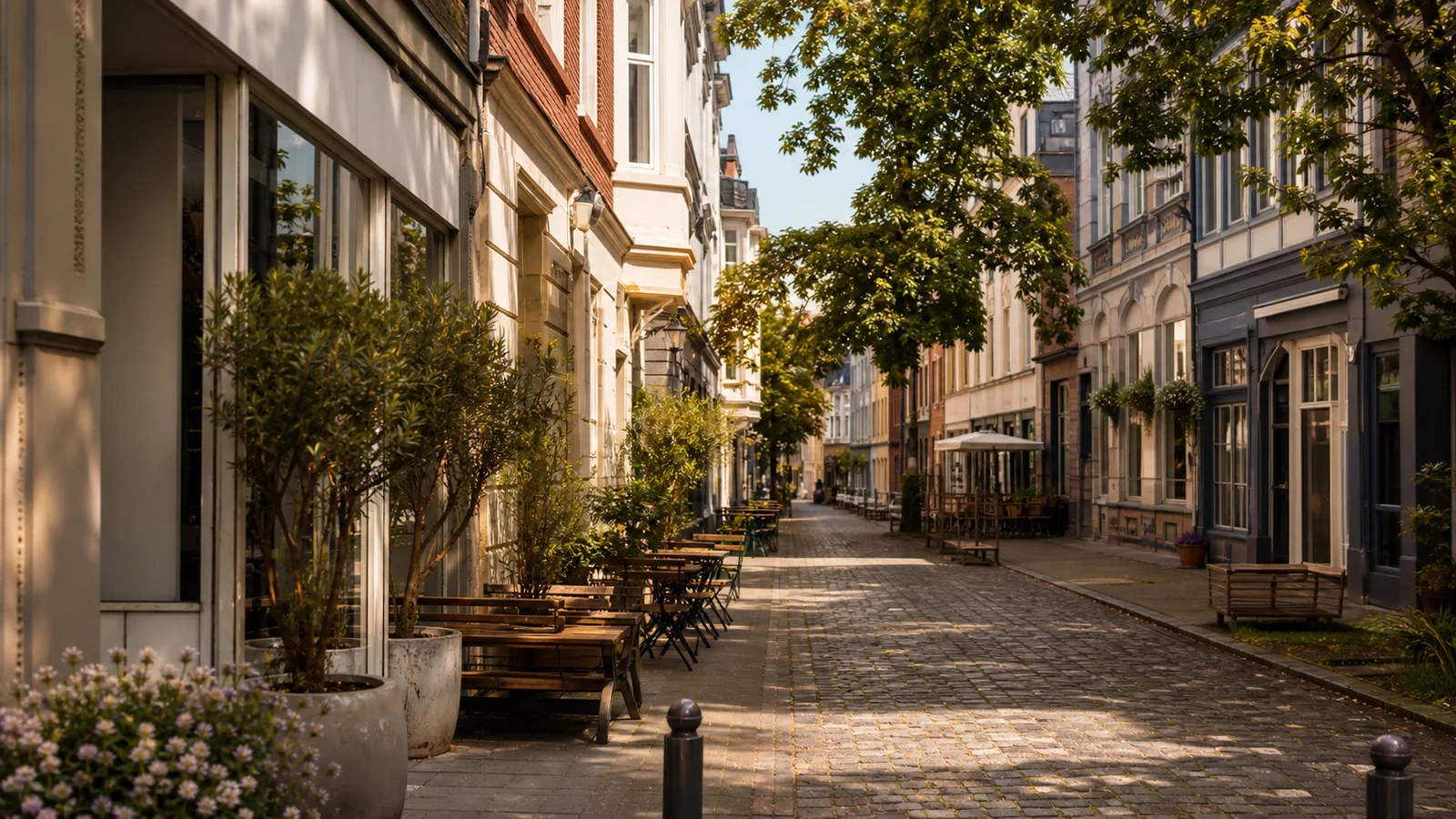 Ruhige Strasse im Luisenviertel mit historischen Fassaden, Cafes und warmem Nachmittagslicht