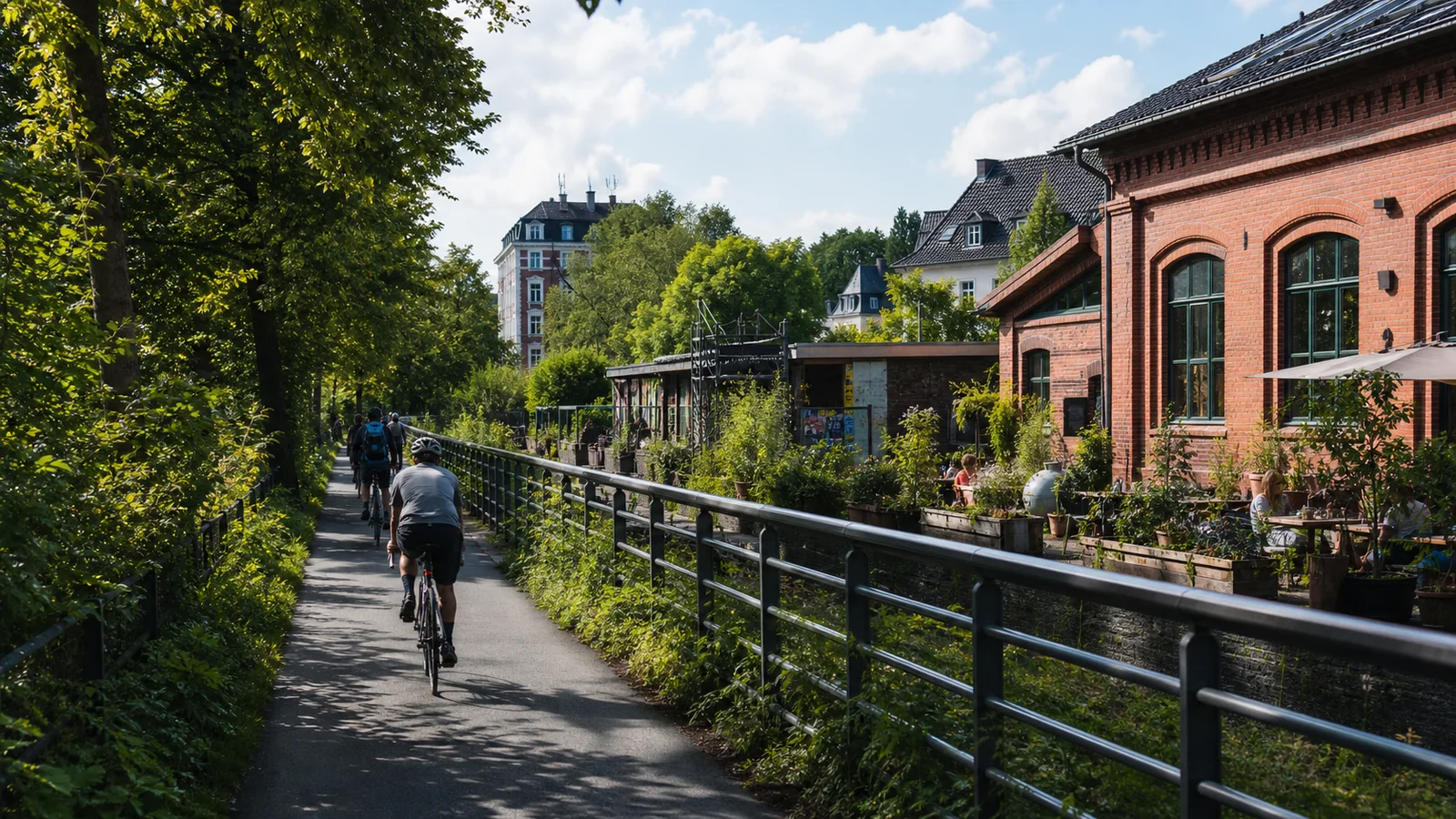 Radweg der Nordbahntrasse am frueheren Mirker Bahnhof mit Backsteinbau und Gruen