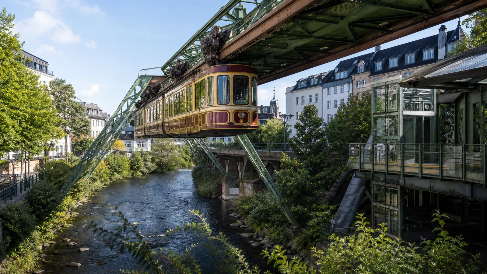 Schwebebahn ueber der Wupper mit historisch anmutendem Wagen und urbanem Wuppertaler Umfeld